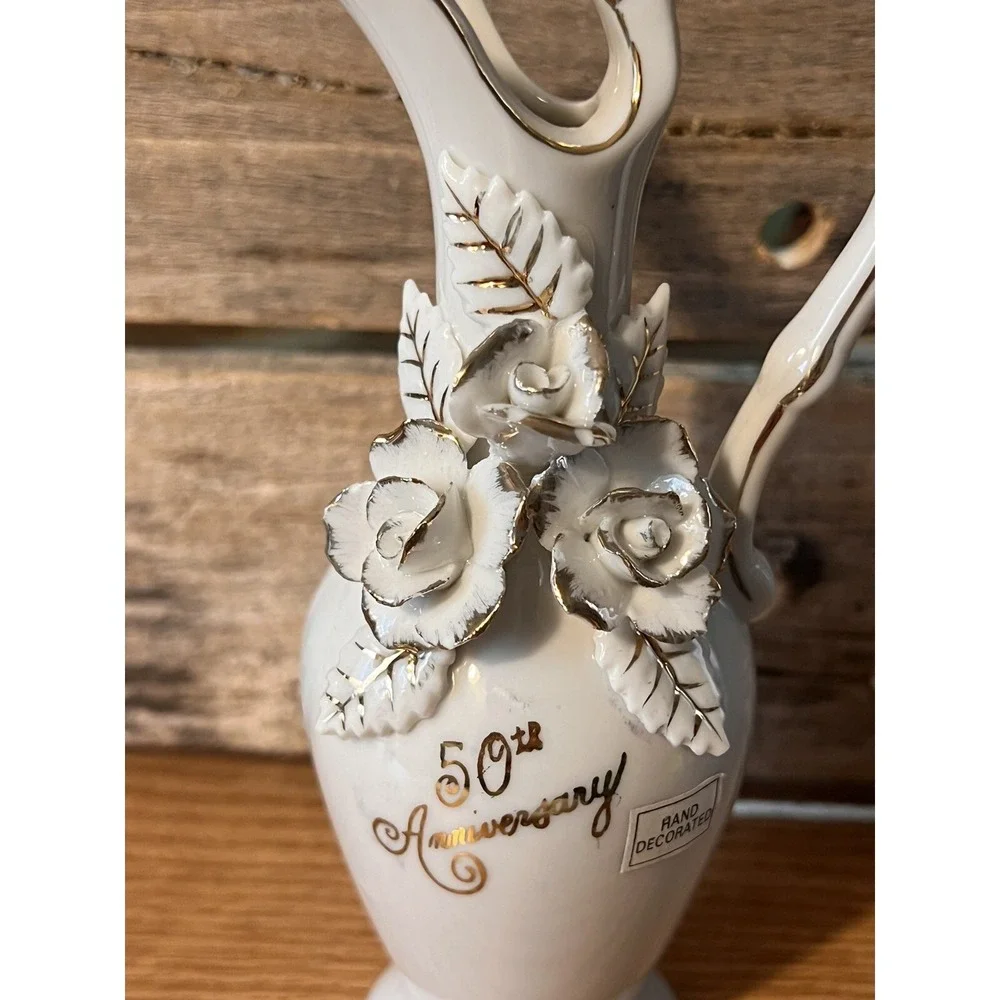 Norcrest Porcelain Fine China 50th  Anniversary one Handle Bud Vase 6-1/2